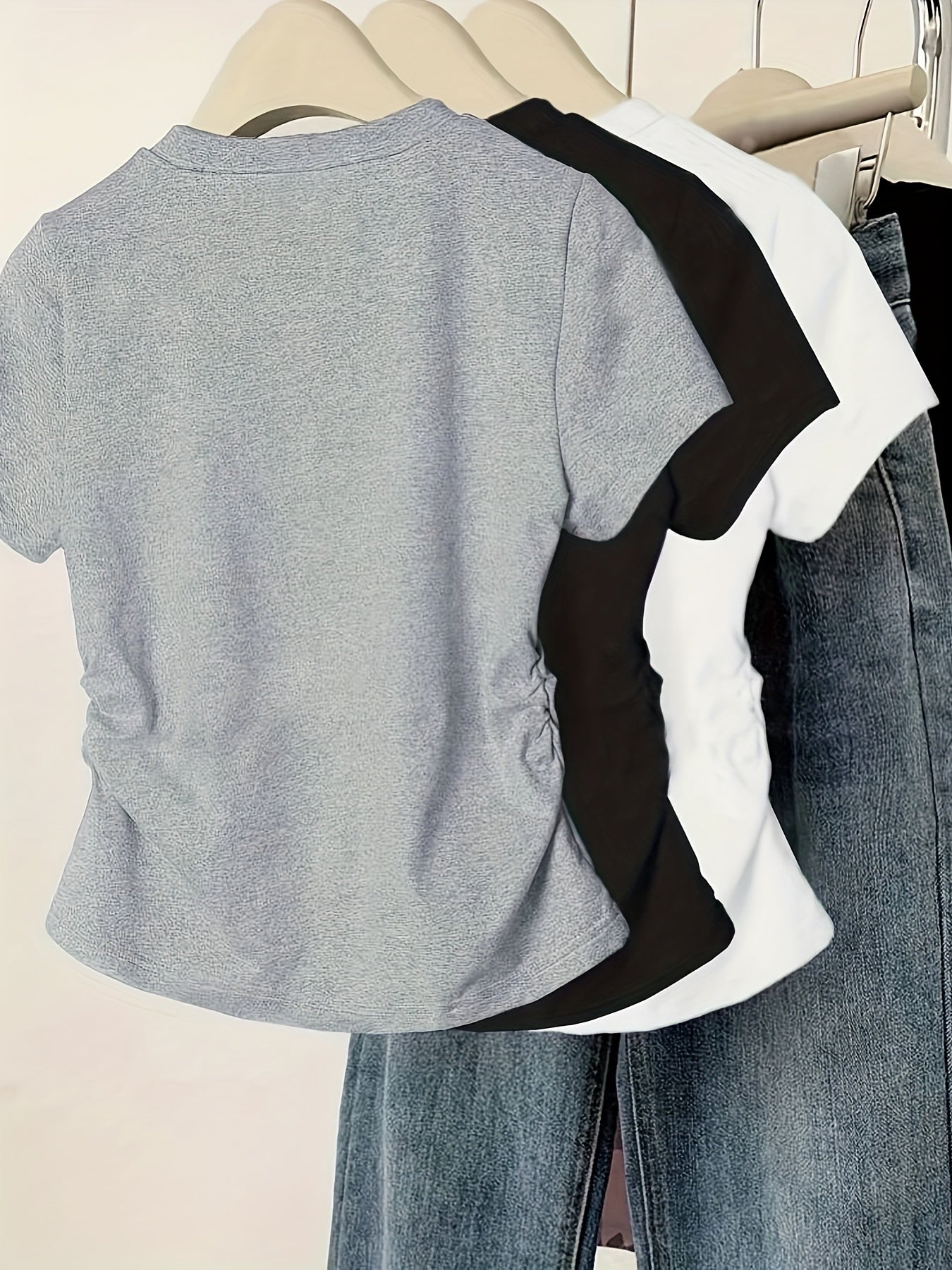 3pcs Pleated Round Neck Short Sleeve Bow Print Casual Versatile T-Shirt Top