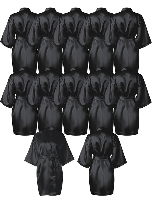 [Lightweight Satin Kimono Robes] 12pcs Lightweight Satin Women's Kimono Robes | V-Neck Short Kimono for Weddings, Bridal Showers & Birthday Parties (Black), Bridal Party Attire, Sophisticated Craftsmanship