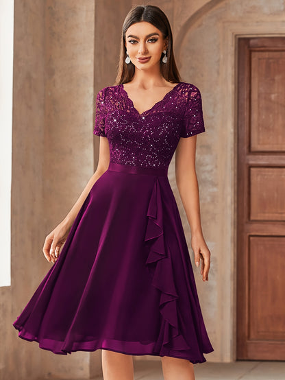 24224 Elegant Womens Sequin Lace Chiffon A Line Bridesmaid Dress, V Neck Short Sleeves, Ruched Ruffle Hem, Perfect for Graduation Season, Wedding Season, Summer Wedding Guest, Evening Party, Cruise Party And Birthday Celebration