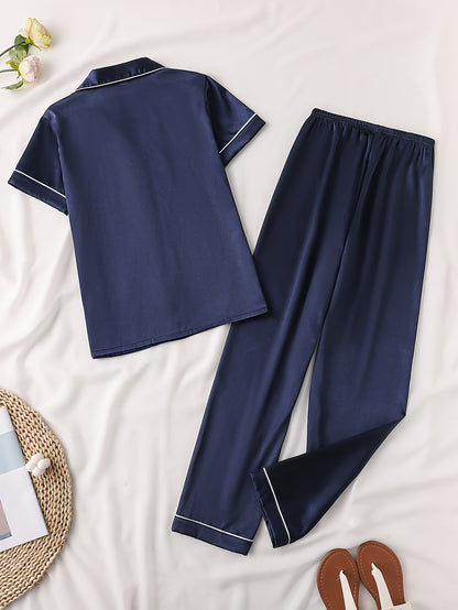Solid Satin Pajama Set, Casual Short Sleeve Buttons Lapel Top & Shorts, Women'S Sleepwear