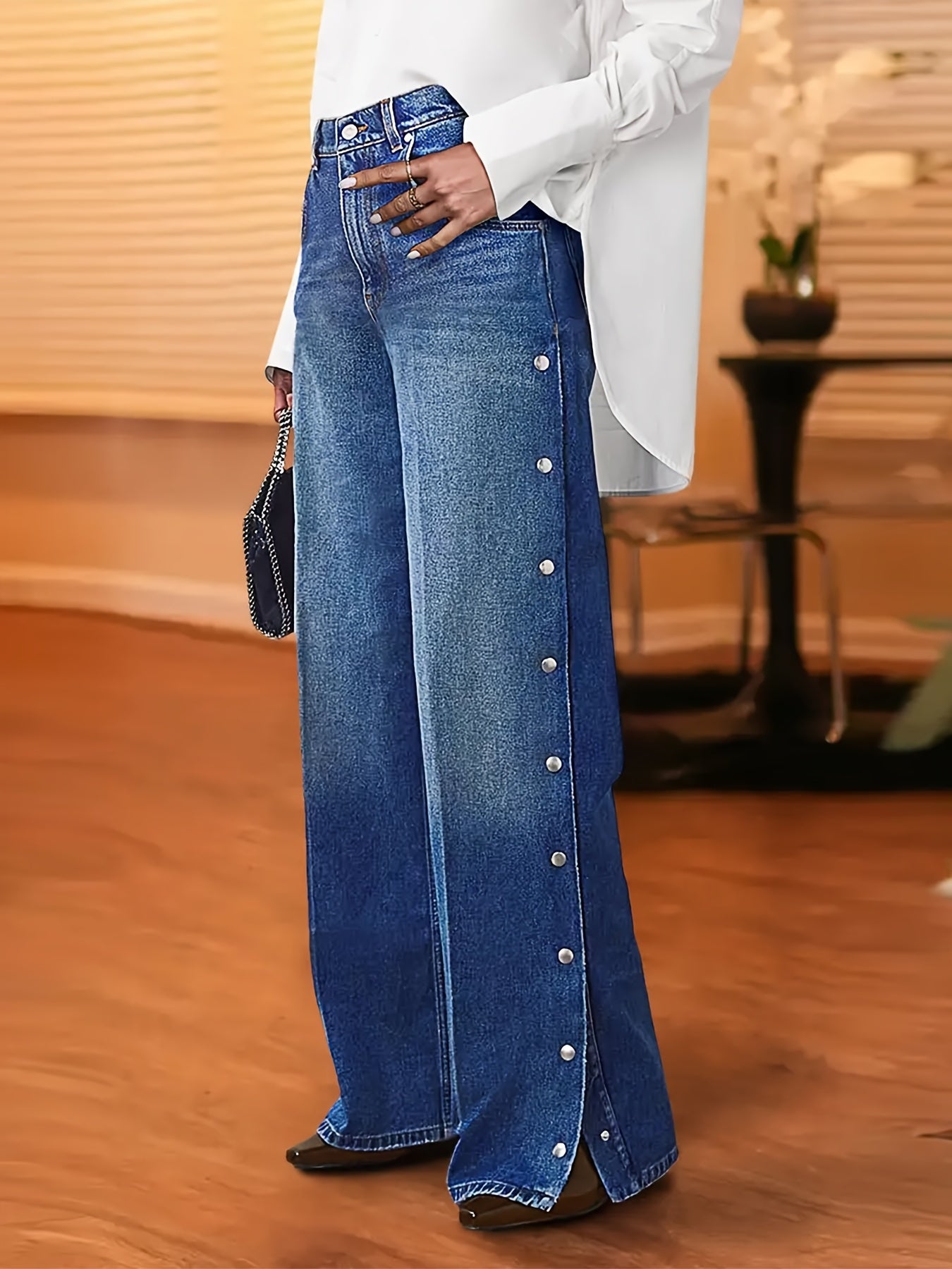 Wide Leg Denim Jeans with Side Snap Buttons, High Rise, Classic Blue Wash