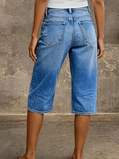 Women'S Denim Shorts, Spring And Summer Embroidered Washed Flower Embroidered Mid-Waist Straight Leg Cropped Jeans