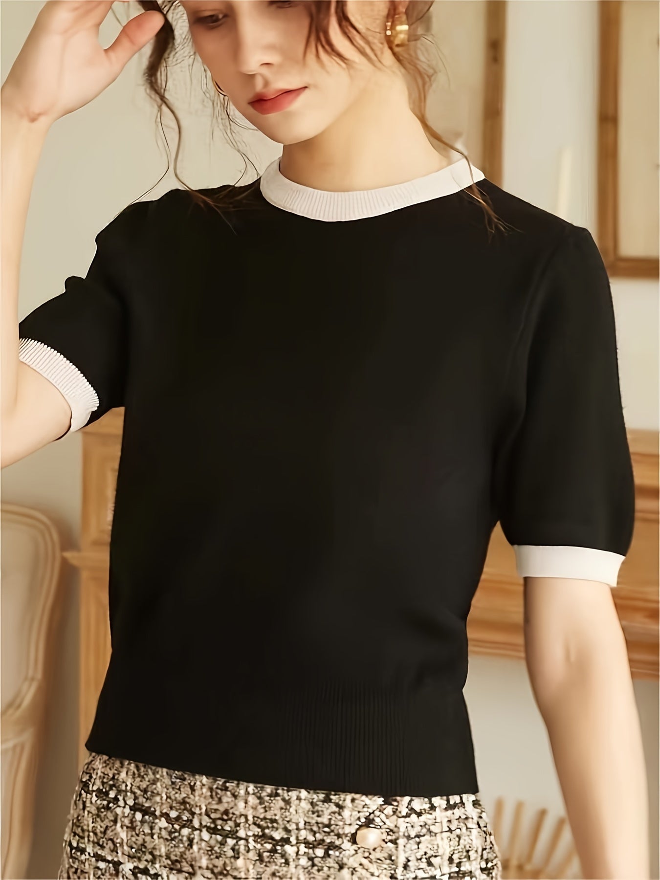 Spring/Summer/Autumn Contrast Trimming Round Neck Holiday Casual Elegant Party Business Commuter Gift Knitted Top T-shirt