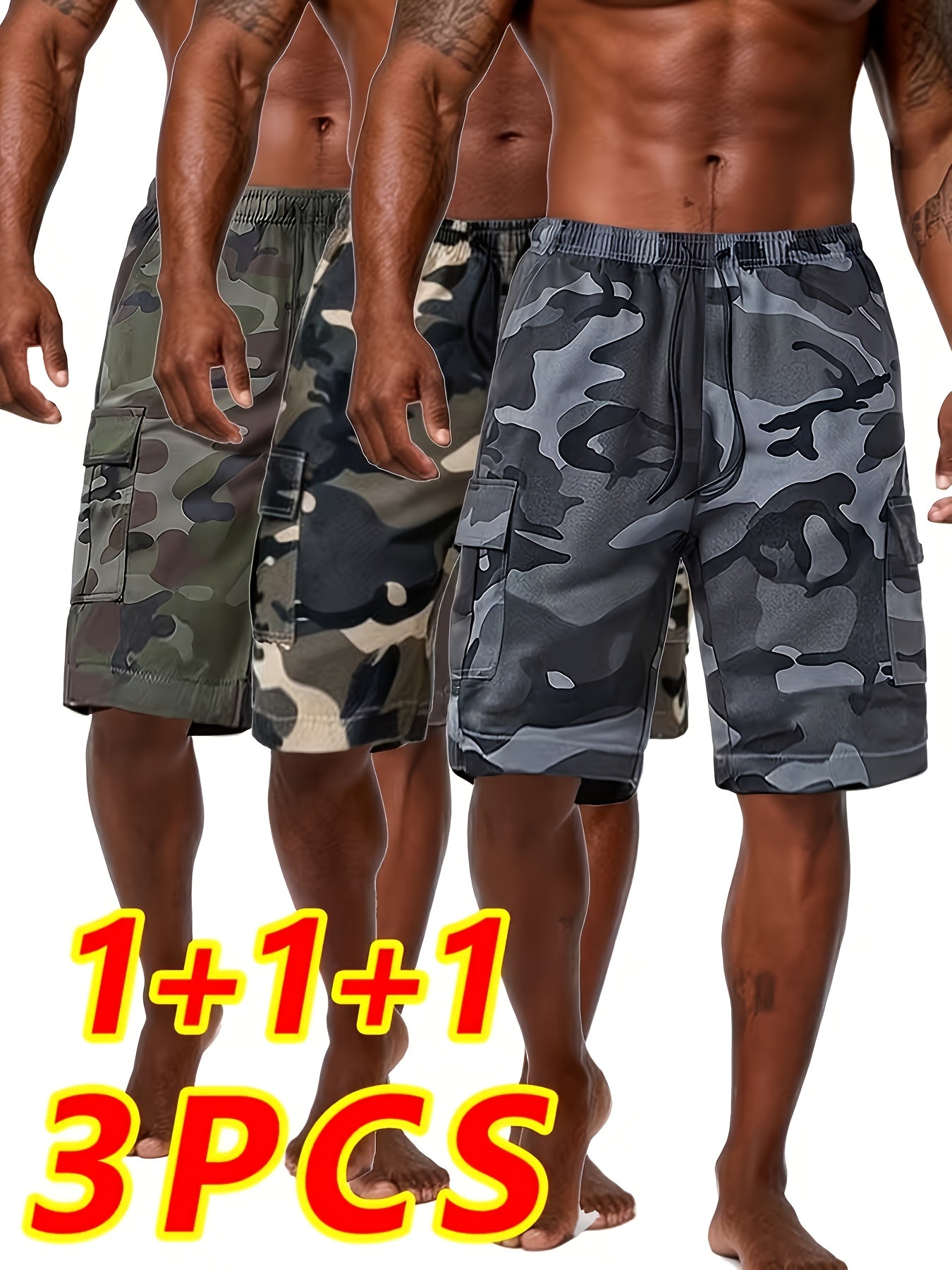 3pcs Set Of Camouflage Work Casual Sports Shorts with Large Pockets, Summer Quick-dry Breathable Shorts with Elastic Waistband, Perfect for Outdoor, for Teenager