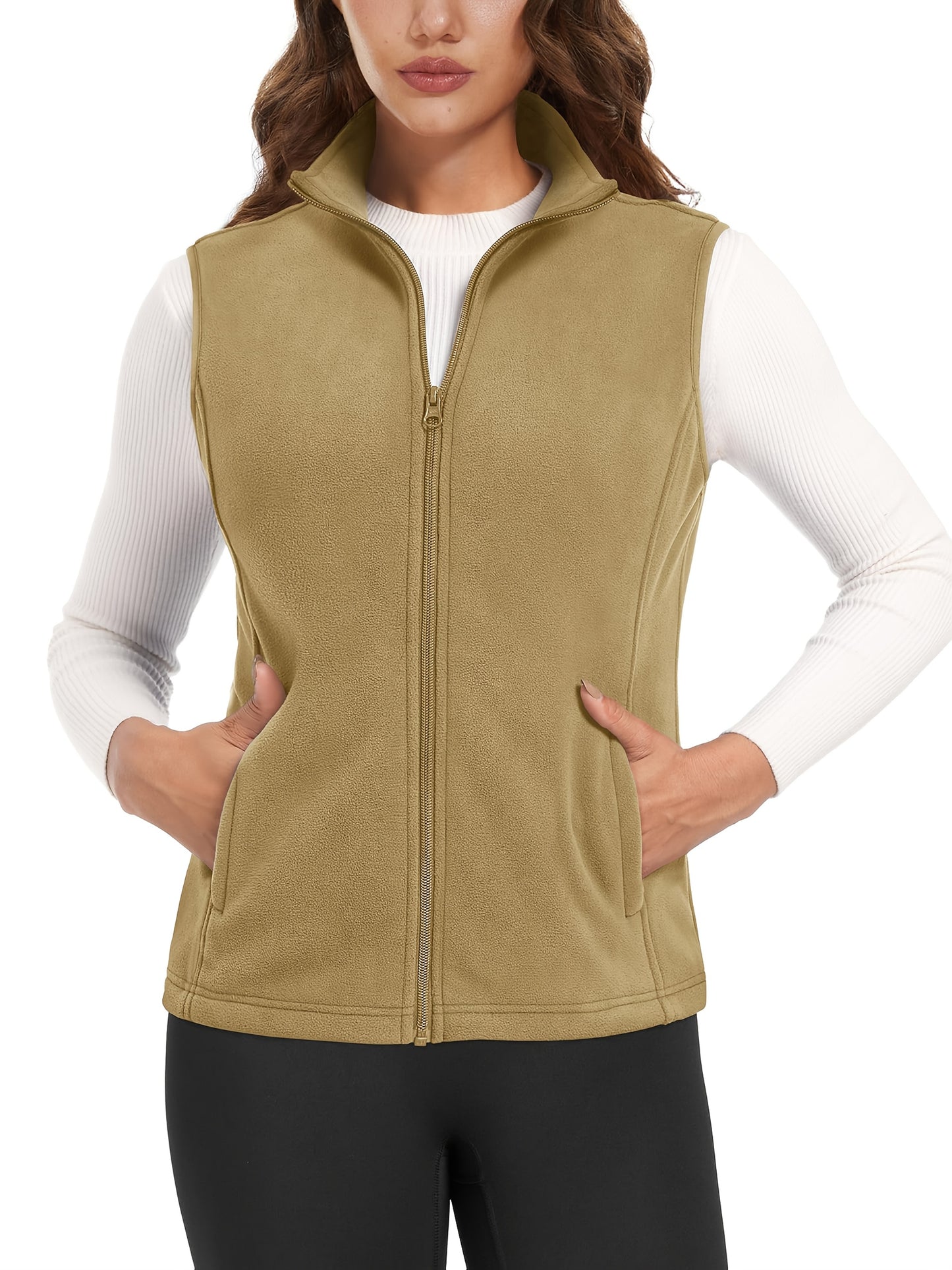 Women'S Fleece Zip Vest Lightweight Warm Sleeveless Jacket Stand Up Collar Windproof Soft Outerwear Vest with 4 Pockets Elastic Armholes for Camping Riding Office Outdoor Party Spring Fall Winter