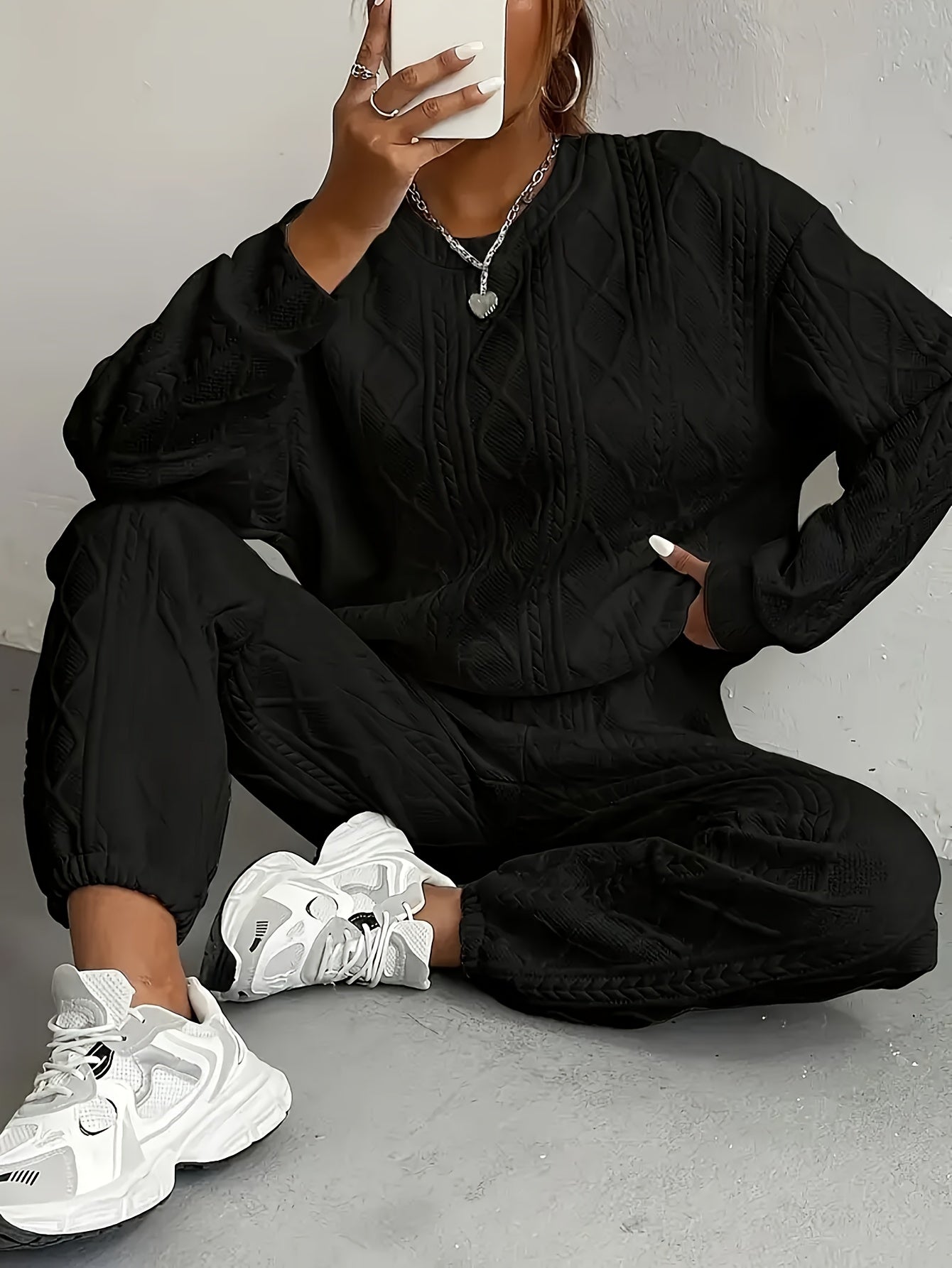 New Spring And Autumn Collection Of European And American Women'S Clothing - Jacquard Long - Sleeve Casual Round - Neck Sweatshirt And Trousers Set.Women'S Suits, Women'S Two-piece Suits