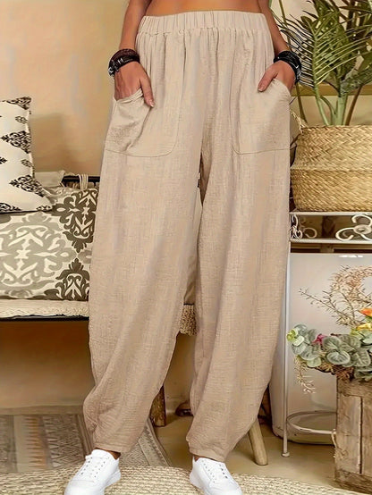 4pcs Women'S Casual Lightweight Harem Pants with Elastic Waist And Side Pockets - Breathable, Loose Fit, All-Season Wear, Black/Green/Brick Red/Khaki Solid Color, Machine Washable