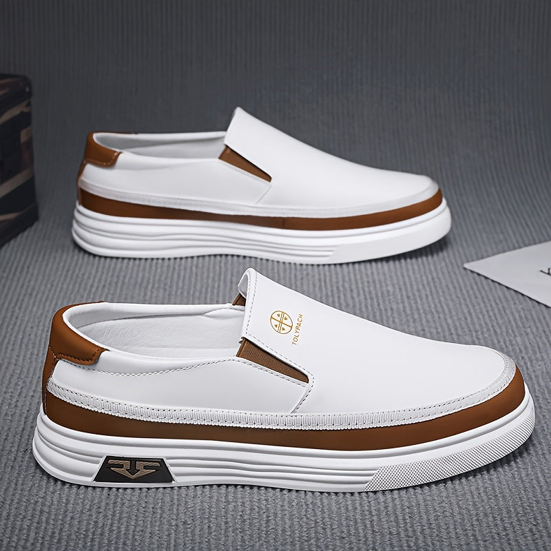 Men'S Slip-On Casual Sneakers - Business Casual & Retro Style White & Brown Low-Top Shoes with Cushioned PVC Sole for Spring Summer Fall, Versatile for Office, Sports & Daily Wear