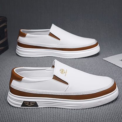 Men'S Slip-On Casual Sneakers - Business Casual & Retro Style White & Brown Low-Top Shoes with Cushioned PVC Sole for Spring Summer Fall, Versatile for Office, Sports & Daily Wear