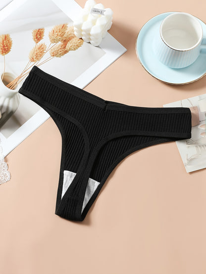 8pcs Solid Ribbed Label Patched Thongs, Sexy Comfy Breathable Stretchy Intimates Panties, Women'S Lingerie & Underwear
