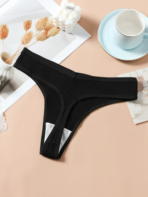8pcs Solid Ribbed Label Patched Thongs, Sexy Comfy Breathable Stretchy Intimates Panties, Women'S Lingerie & Underwear