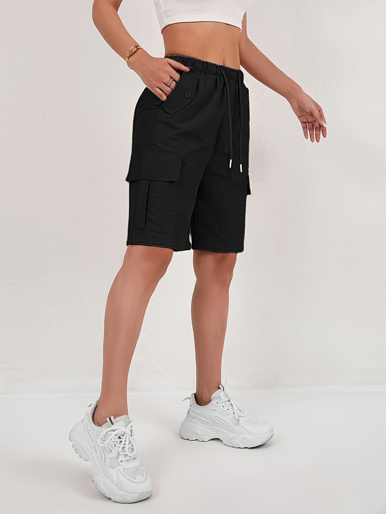 2pcs Women's American Workwear Cargo Shorts - Lightweight Straight-Leg with Multiple Pockets, Adjustable Drawstring Waist, Machine Washable Casual Mid-Thigh Length for Spring Summer Fall, Everyday Comfort, Functional Design, Durable Fabric