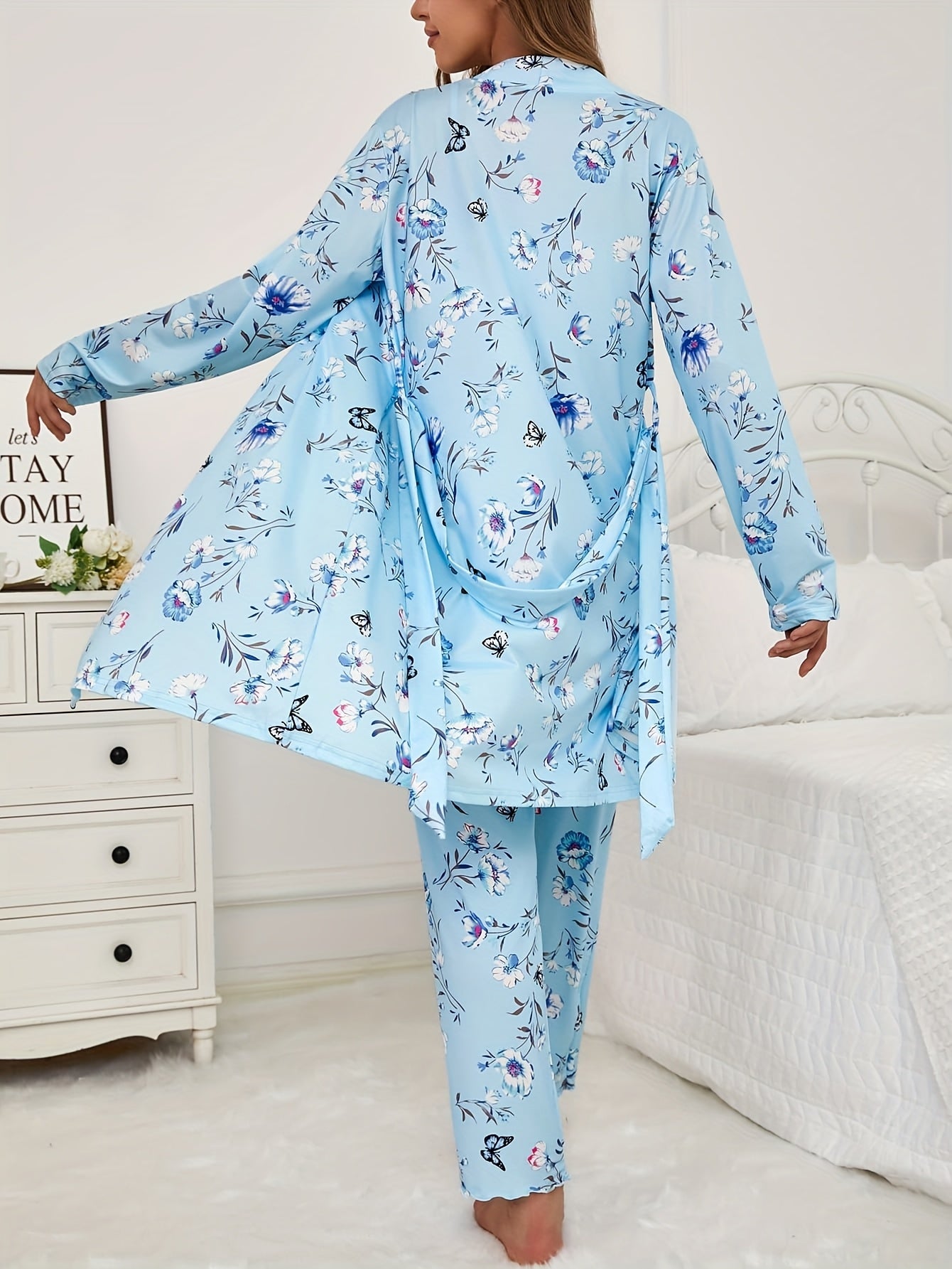 3pcs Floral And Butterfly Print Pajama Set - Long Sleeve Belted Robe & Cami Top & Pants Lounge For All Seasons