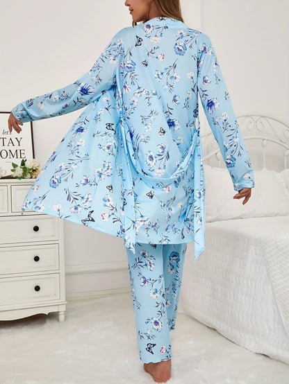 3pcs Floral And Butterfly Print Pajama Set - Long Sleeve Belted Robe & Cami Top & Pants Lounge For All Seasons