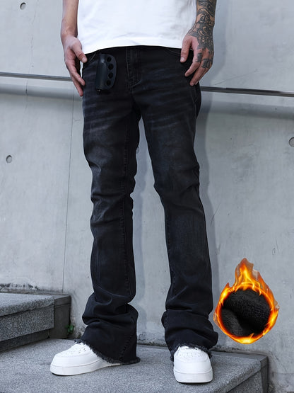 [HME] New Thickened Men'S Jeans for Autumn And Winter, with Inner Fleece for Strong Warmth Retention, Mid-Waist Elastic And Form-Fitting Flared Pants, Retro Washed And Naturally Polished White, Fashionable Men'S Denim Trousers for Warm Winter Wear