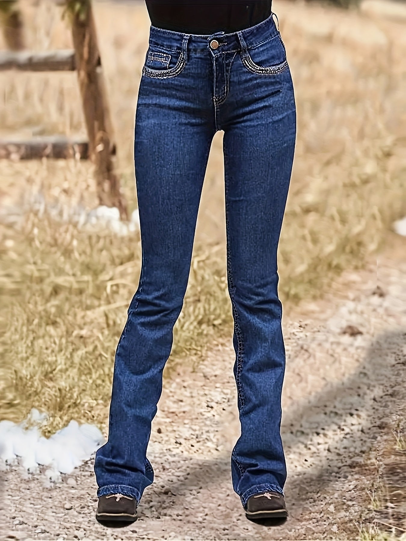 [Comfort Fit Jeans] Mid-Rise Comfort Fit Women's Stretch Denim Flare Jeans | Star Embroidery, Slash Pockets, All-Season Casual Wear, Blue Denim Bell Bottoms