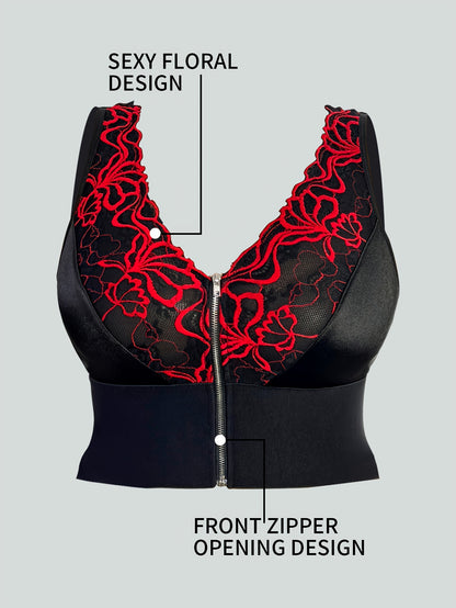 Women's Plus Size Full-Coverage Wire-Free Bra & Shaping Sleeveless Tank Top - Adjustable Zipper Closure, Lace Flower Print, Back-Tightening Shaping Design, Soft Stretch Fabric for Daily Wear & Special Occasions - Lingerie (Hand Washable, No Underwire)