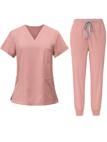 [2pcs Scrub Suit Set] Ships From The United States] 2pcs Set Scrub Suit Set for Women Modern V-neck Top T-shirt & Tapered Leg Jogger Pants with Drawstring Nursing Uniforms Set Suitable for Pet Hospitals, Dental Clinics, Nursing Work, Etc
