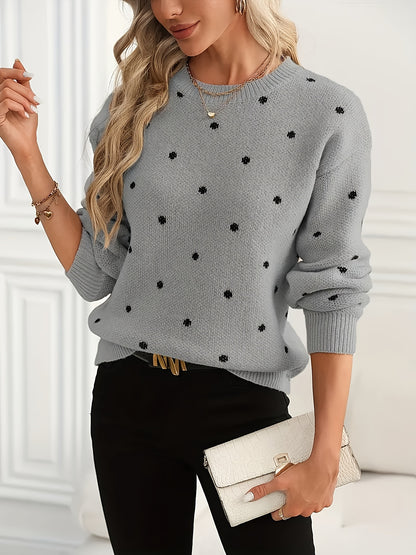 Women'S Polka Dot Sweater - Casual Long Sleeve Crew Neck Pullover with Relaxed Fit & Medium Stretch, Soft Warm Fall Winter Sweater for Casual Attire, Sweater, Mediumstretch Fabric