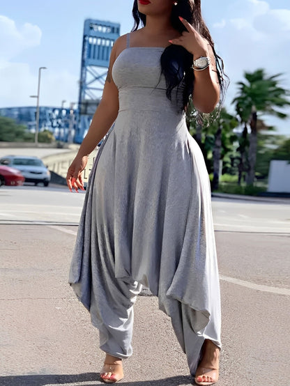 Women's Red Spaghetti Strap Jumpsuit - Square Neck & High Waist & Draped Harem Leg & Flowy Silhouette Detail | Bold Glamorous Fit for Date Nights & Summer Evening Events (Slim Bodice & Dramatic Draped Design) for Effortlessly Stunning Stylish Looks