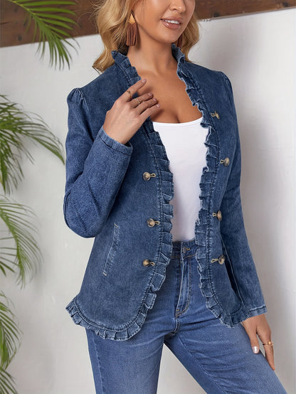 Women's Vintage Dark Blue Denim Suit Jacket Stand Collar And Double-breasted Button Design. Slim-Fit Waist Ruffle Hem. Distressed And Washed Elegant Denim Jacket Suitable for Both Office And Casual Wear