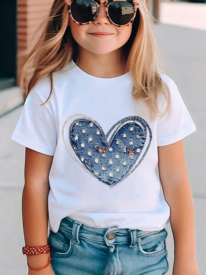 [Girls' Heart Print T-Shirt] Single-Pc T-Shirt (One T-Shirt Solely) - Girls' Short-Sleeve T-Shirt With Heart Print. This Single-Piece T-Shirt Is Suitable For Spring And Summer Vacations, Beach Parties, Birthday Celebrations, School Outings