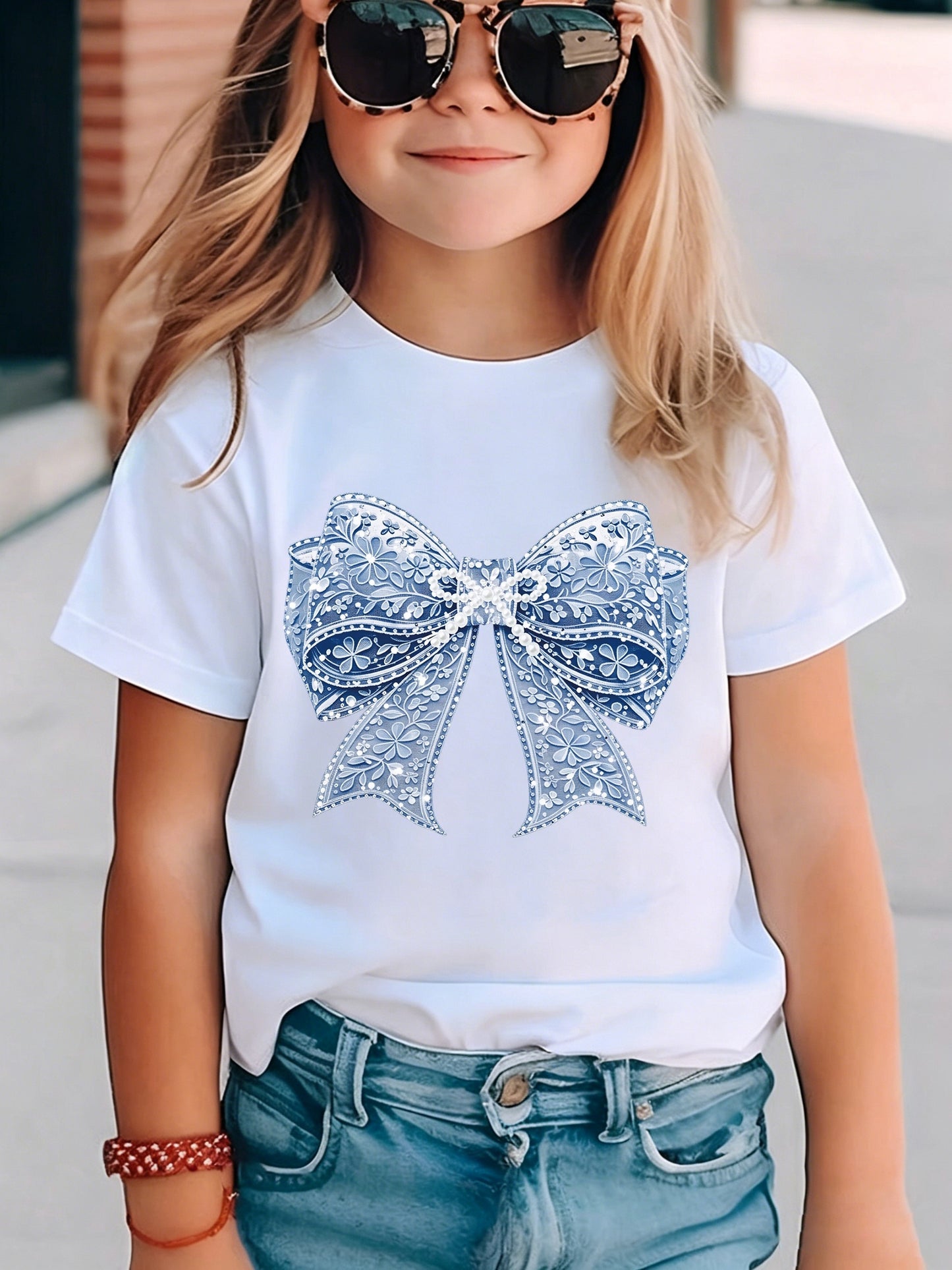 [Bow Print T-Shirt] Casual Bow Print Short-Sleeved T-Shirt for Girls (One Top Only, Bottoms Not Included), Soft and Comfortable Round Neck Top for Girls, Casual, Stylish and Versatile, Suitable for Casual Attire and Outdoor Activities, Teenage Clothing