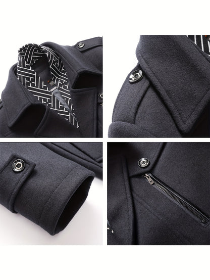 Men'S Wool Blend Coat with Detachable Soft Scarf Notched Collar Single Breasted Overcoat