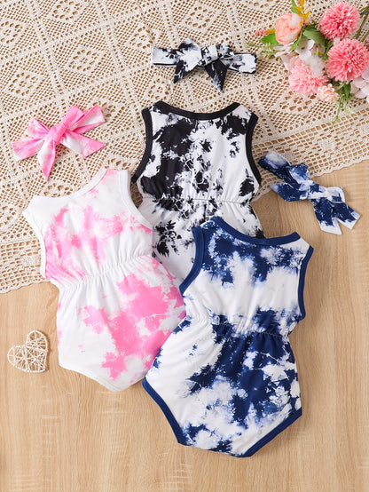 3pcs Baby'S Tie-Dye Triangle Onesie And Hairband, Comfy Casual Sleeveless Romper, Toddler And Infant Girl'S Outdoor Clothes for Summer, for Outdoor
