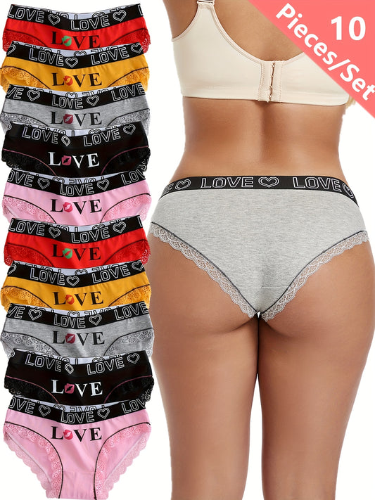 10pcs Women's "LOVE" Printed Briefs with Lace Trim - Breathable & Comfortable, Ideal for Valentine's Day, Assorted Colors
