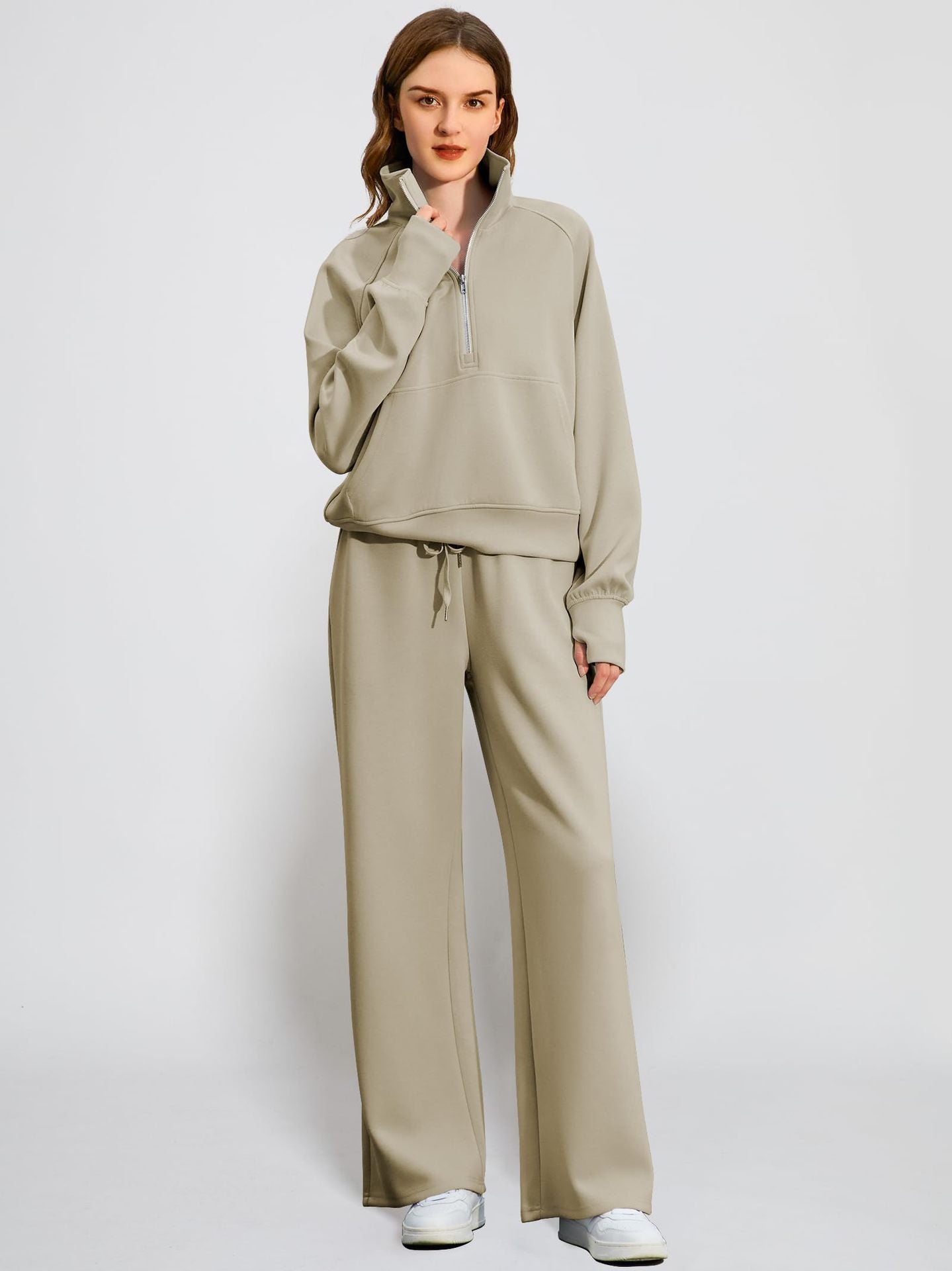 2Pcss Outfits for Women, Oversized Half-Zip Sweatshirt And Wide Leg Sweatpants Set, 2026 Spring Casual Lounge Tracksuit Women'S Trendy 2Pcss Matching Set, Oversized Quarter-Zip Pullover And Loose Wide Leg Trousers, Chic Spring Sporty Outfits