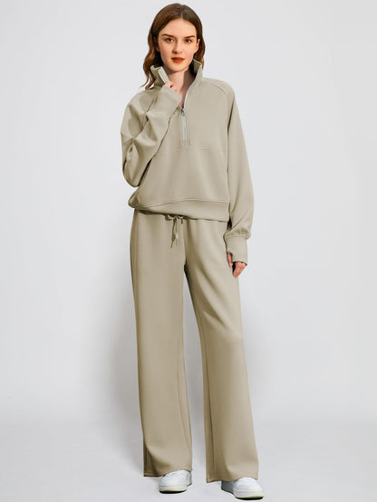 2Pcss Outfits for Women, Oversized Half-Zip Sweatshirt And Wide Leg Sweatpants Set, 2026 Spring Casual Lounge Tracksuit Women'S Trendy 2Pcss Matching Set, Oversized Quarter-Zip Pullover And Loose Wide Leg Trousers, Chic Spring Sporty Outfits