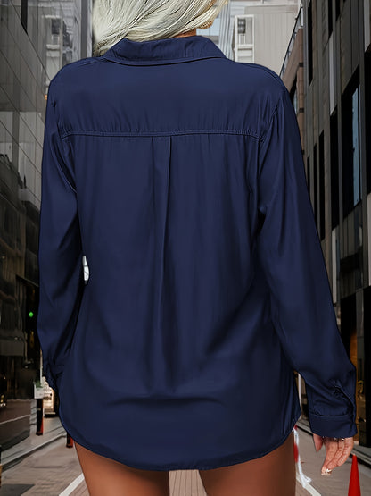 Womens Solid Lapel Long Sleeves Button Casual Basic Office Shirt Top Blouse