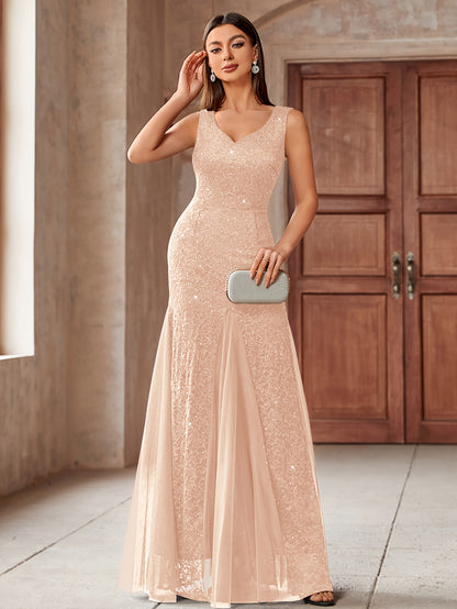 23218 Elegant Women's Sequin Lace Long Evening Bridesmaid Dress, Sweetheart Neckline Sleeveless Design with Slit Tulle Mermaid Hem, Perfect for Formal Wedding Party