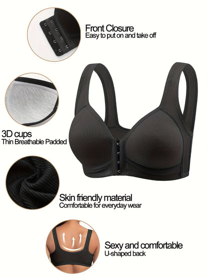 Women'S Front-Closure Vertical Stripe Wireless Push-Up Bra 5pcs Set Seamless Underwear, Adjustable Straps, Full Support Sports Bra White Fitness Apparel, Front-Closure Style Quick-Dry High-Stretch Breathable Fabric High-Support Women'S Bra Bundle