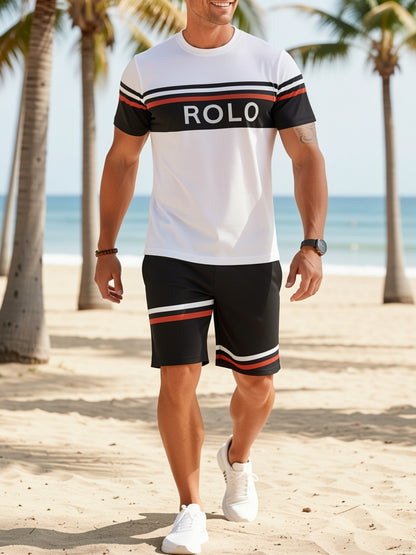 2pcs Casual Sports Suit-soft 100% Polyester Round Neck T-shirt And Shorts-breathable, Slightly Stretched And Patterned for Spring/summer Beach Outings