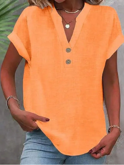 ZOELNIC Women's V-Neck Button-Front Placket T-Shirts - Short Sleeve Casual Summer Tops, Breathable Daily Wear Shirts Suitable for Spring/Summer, Solid Color Casual Wear, Machine Washable (No)