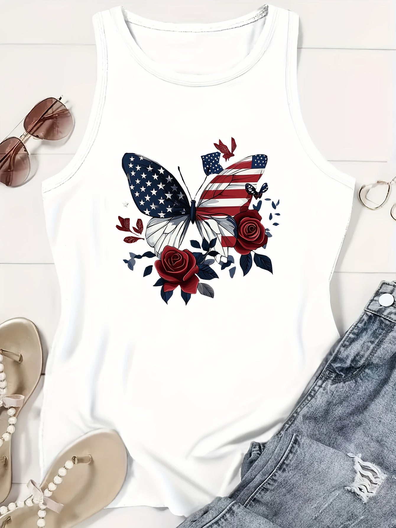 1pc, 180g Fashionable Crew Neck Tank Top - Drawing Printed Top for Women - Casual Short Sleeveless Crew Neck Shirt - Lightweight & Breathable Vest for All Seasons Wardrobe, Polyester