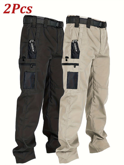 2pcs Set, Men'S Outdoor Cargo Pants, Multi-Functional Pockets, Lightweight, Ripstop, Durable Work Pants, for Camping Hiking Fishing, Suitable for Spring Summer And Autumn Seasons
