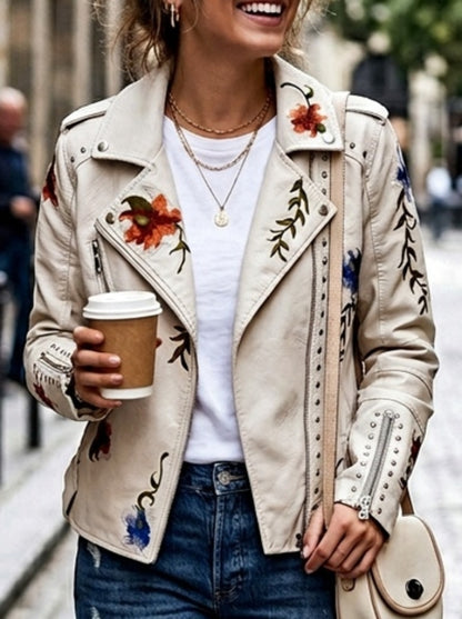 Women Floral Embroidered Moto PU Jacket Coat
