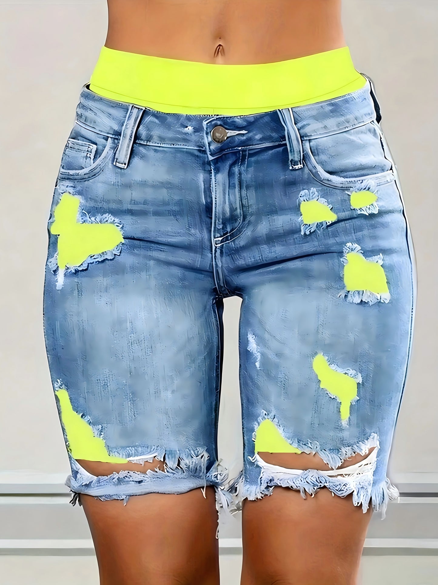 Denim Shorts: Color Block Printed Distressed Shorts/w Fitness Running Shorts
