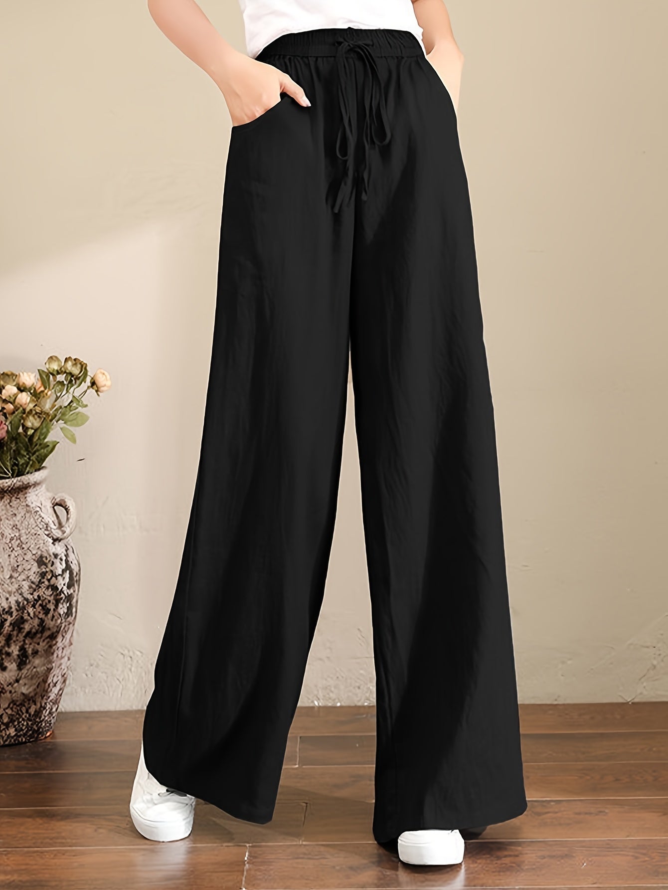 Women's Palazzo Pants Drawstring Waist Wide Leg CLoose Trousers with Pockets Comfort