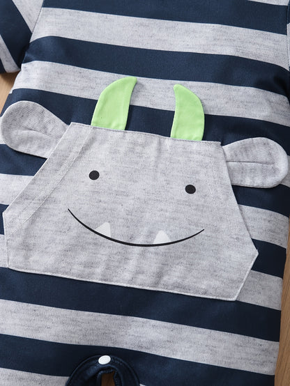 3pcs Baby Boy Summer New Cute Casual Collar Cool Little Monster Striped Jumpsuit 3pcs Set for Boys' Clothes, Perfect for Outdoor