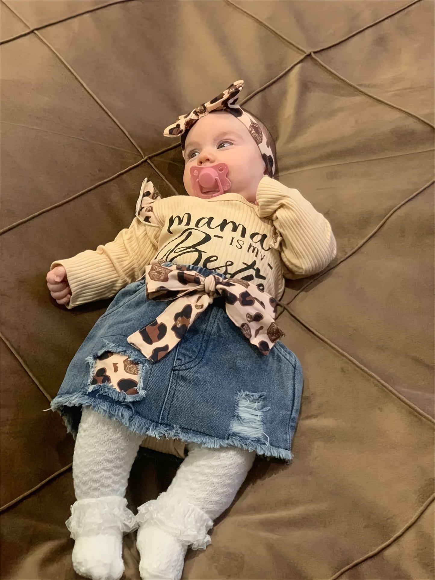 Kukitty 4pcs Set for Baby Girls Featuring Long Sleeve Bodysuit with Letter Design And Ripped Leopard Print Denim Skirt, for Outdoor