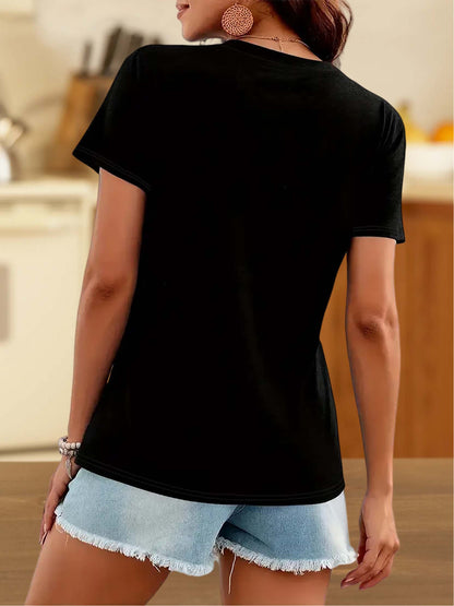 Plus Size, Women's V-Neck Short Sleeve T-Shirt- Soft Casual Style Suitable for All Seasons, Printed with "Whisper of Wisdom" Pattern, Machine Washable Top, Suitable for Daily Wear and Casual Outfits