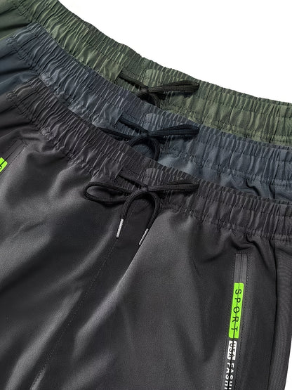 3pcs Men'S Slim Work Pants, With Drawstring Elastic Waist, Zipper Pocket And Large Patch Pocket. Comfortable And Breathable, Suitable For Outdoor And Daily Casual Wear.