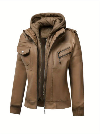 Women'S Faux Leather Jacket Hooded Autumn And Winter Faux Leather Jacket Women'S Faux Leather Jacket