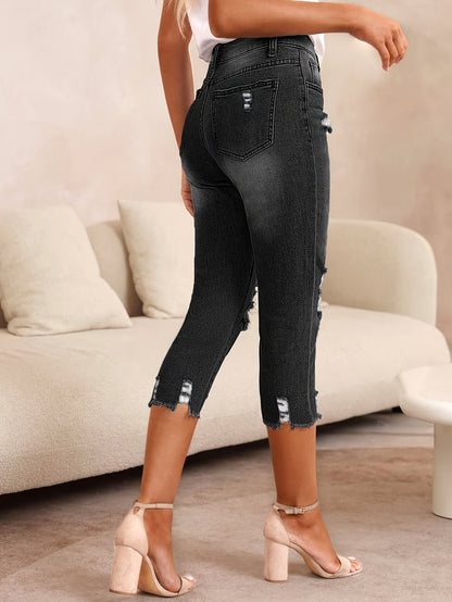 Women's High-Waisted Stretch Denim Capri Pants - Mid-Rise Slim Fit Straight-Leg Ripped Jeans with Distressed Details, Machine Washable Streetwear Style for All-Season Casual Wear