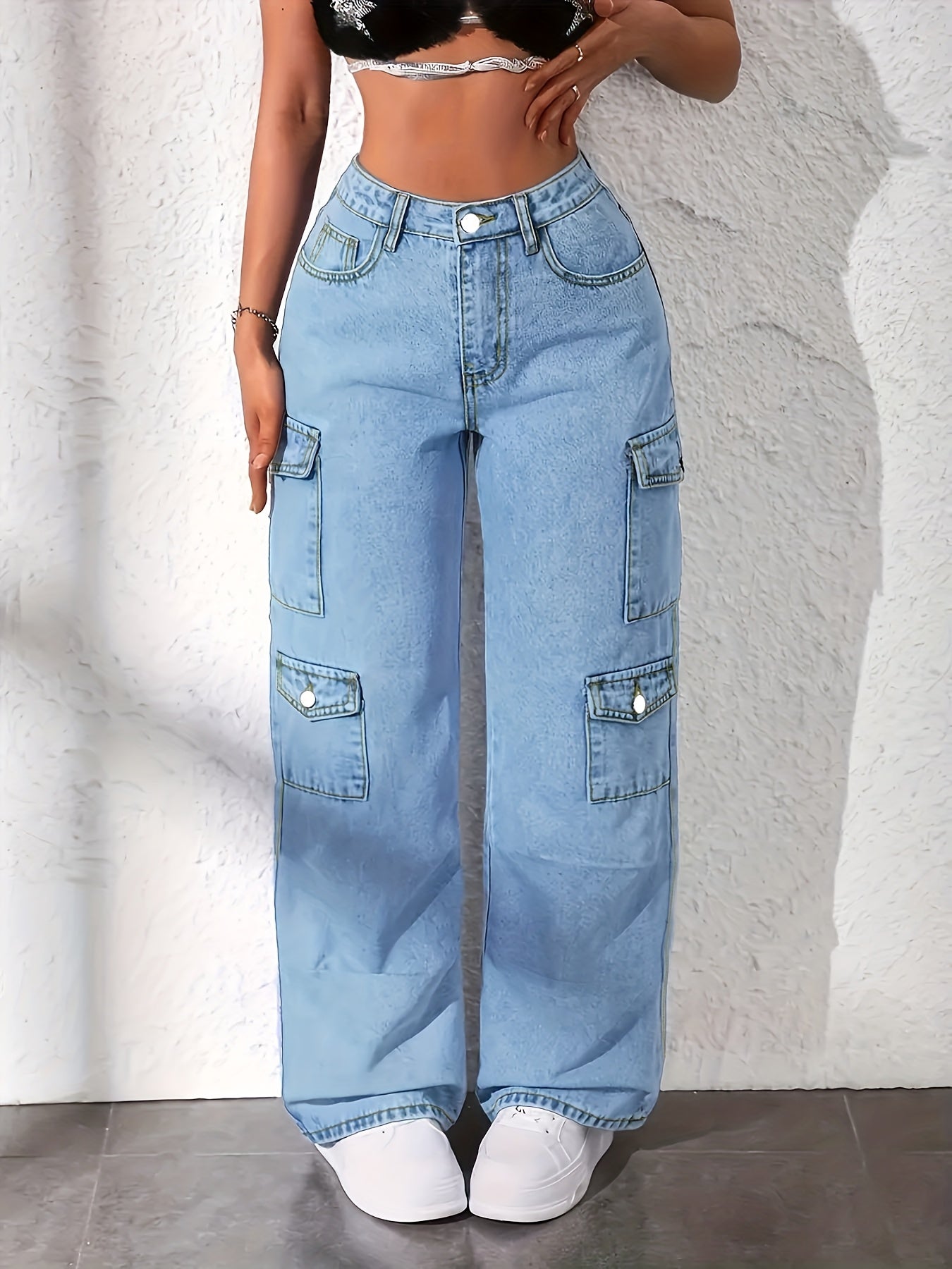Women'S Plus Size High-Waisted Light Blue Cargo Jeans - 2025 New Stretch Wide-Leg Trousers with Multi-Pocket Design, Beltless Button Closure & All-Season | Elegant Straight-Leg Workwear Pants for Casual & Professional Outfits (Loose-Fit