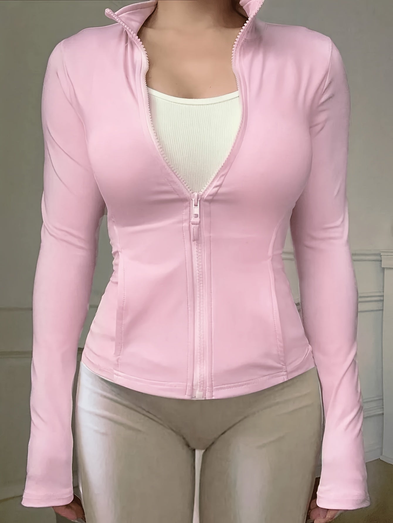 Women'S Athletic Stand Collar Zip-Up Long Sleeve Slim Jacket Waist-Cinching Fitness Casual Sport Top